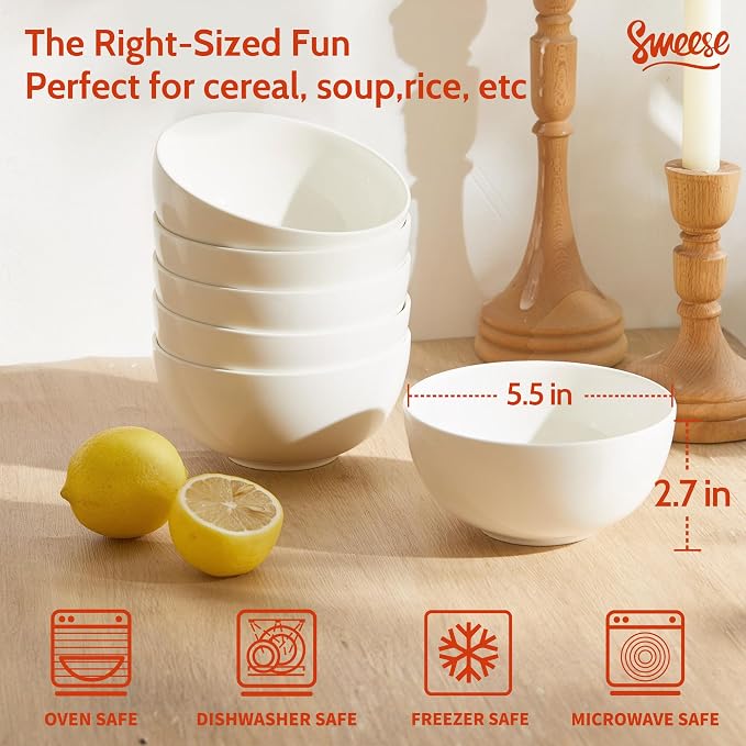 Sweese Porcelain Bowls Set of 6, 20oz Lightweight Round Cereal Bowls Set - Image 2