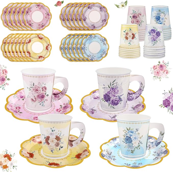24 Sets Disposable Paper Tea Cups 7 OZ Floral Tea Party Cups | by NatNarr