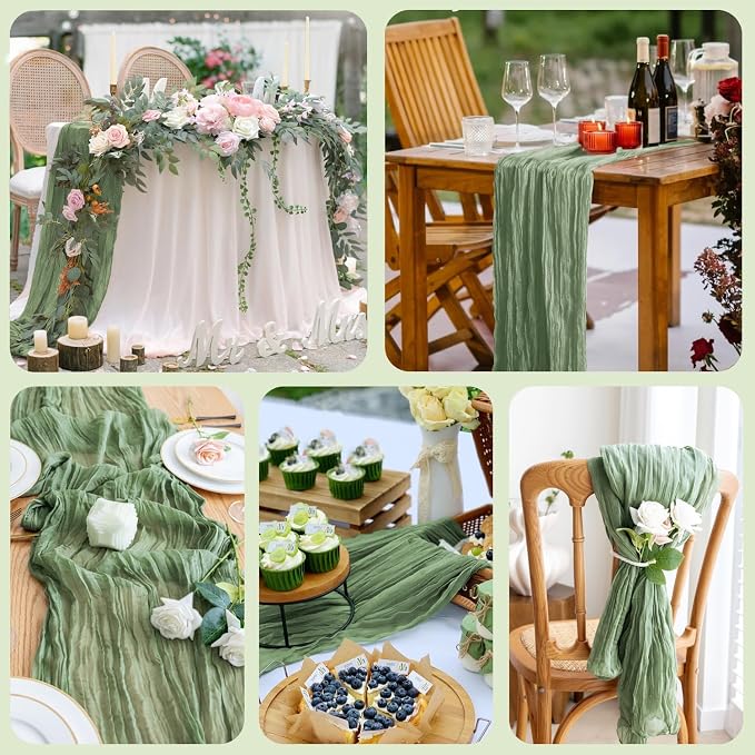 Cheesecloth Table Runner 10FT Sage Green Boho Gauze Rustic Sheer Runners | - Image 8