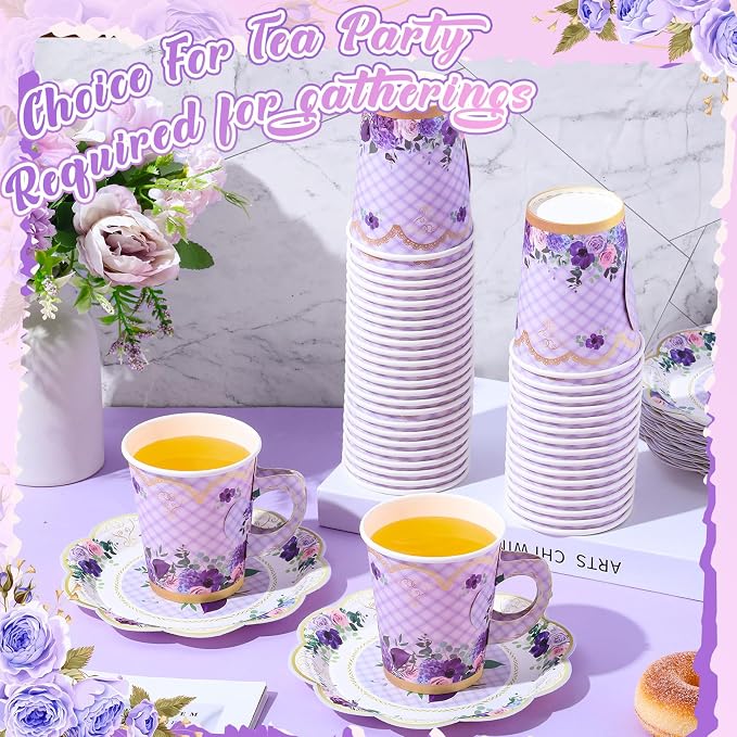 Tioncy 100 Pcs Tea Party Decorations Include 50 Pieces 9 oz Paper Tea Cups - Image 4