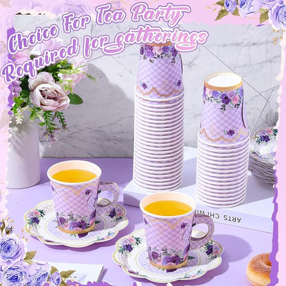 Tioncy 100 Pcs Tea Party Decorations Include 50 Pieces 9 oz Paper Tea Cups - Image 4