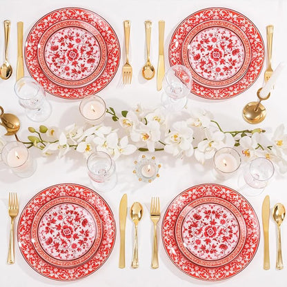 Hioasis 60pcs Red Plastic Plates Set - Floral Red & White Porcelain Design, 10.25" Dinner & 7.5" Dessert Plates Disposable for Christmas (Dishwasher Safe, Art Style)