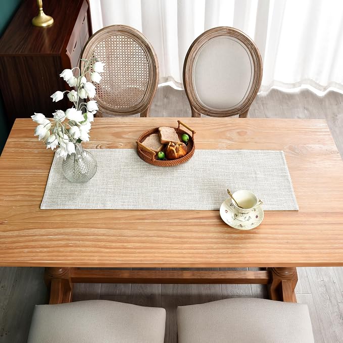 Farmhouse Rustic Faux Linen Table Runner Neutral Beige Table Runners Double - Image 7