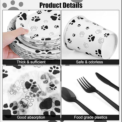 Kochorie 400 Pieces Black Paw Disposable Party Tableware Sets Dog Puppy Supplies Including Plates Cups Napkins Cutlery Serves 50 for Birthday Puppy Theme Party Decorations