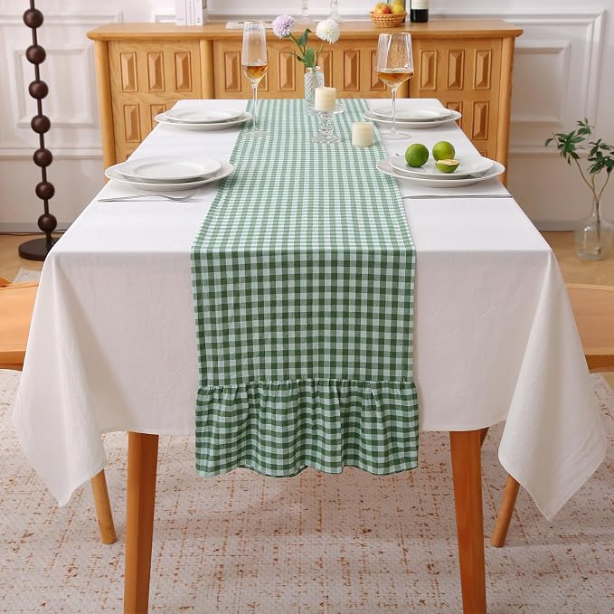 Green White Plaid Gingham Ruffle Table Runner 72 inches Long 100% Washed Cotton by KMASANIJI