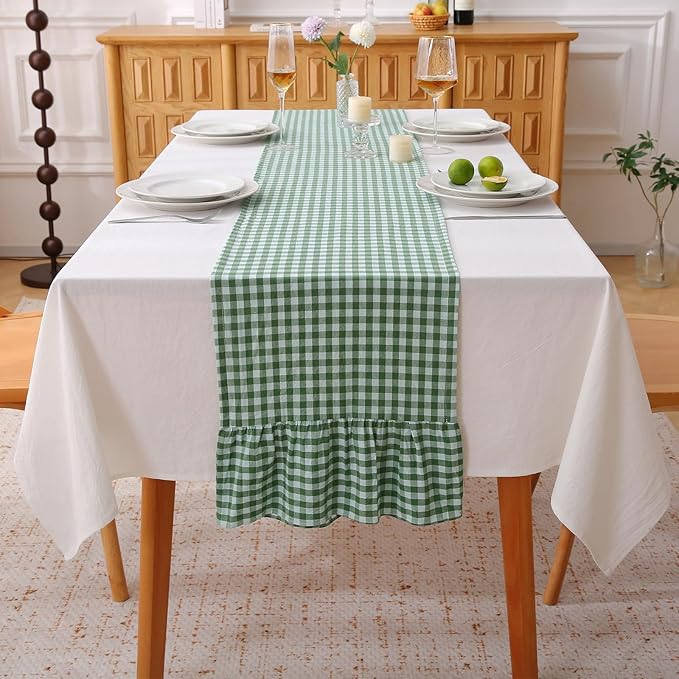 Christmas Green White Plaid Gingham Ruffle Table Runner 108 inches Long 100% by KMASANIJI