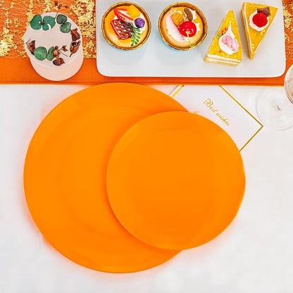 PULOTE 100PCS Orange Plastic Plates - Premium Hard Orange Disposable Include 50 Each(10.25 Inch Dinner & 7.5 Inch Dessert) Plates, Ideal for Party