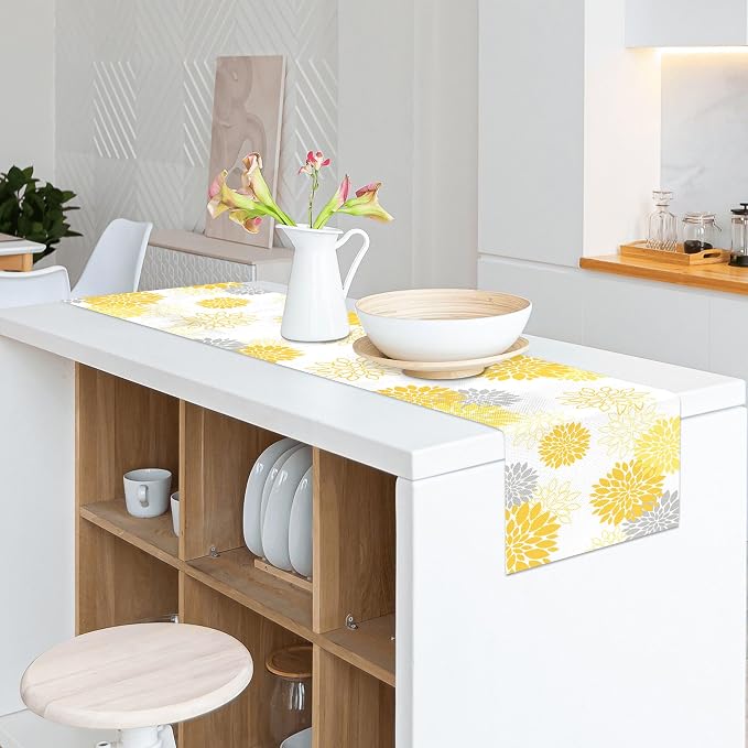 Dahlia Flower Table Runner 13x36 Inch Farmhouse Yellow Gray Runners Modern - Image 4