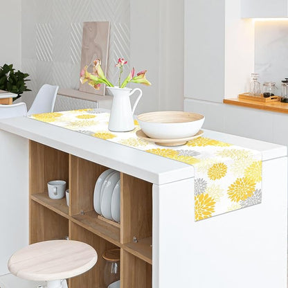 Dahlia Flower Table Runner 13x36 Inch Farmhouse Yellow Gray Runners Modern - Image 4