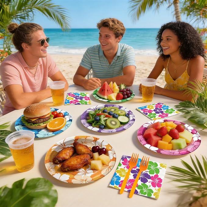 Hawaiian Luau Party Decorations, Tropical Hibiscus Tableware Set - Image 8