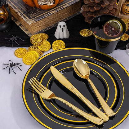 WELLIFE 600 PCS Black and Gold Disposable Dinnerware Set for 100 Guests, Gold rimmed Plastic Dinner Plates,Salad Plates,Cups,Silverware Set for New Year Party Supplies