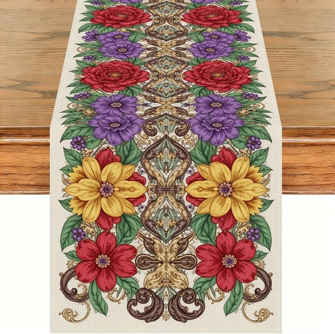 Ornate Floral Table Runner Victorian Decorative Nature Embroidery Celebration by Peconal