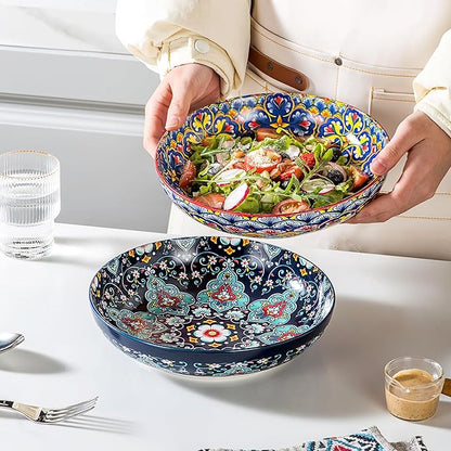 HENXFEN LEAD Pasta & Salad Bowls Set of 4, 45 oz Large Ceramic Serving Bowls – Colorful 9 Inch Wide & Shallow Bowls for Soup & Pasta, Microwave & Dishwasher Safe