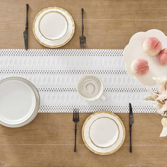 Macrame Style Boho Table Runner, 12x48 Inch White | Woven Boho Table Runner - Image 4