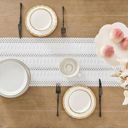 Macrame Style Boho Table Runner, 12x48 Inch White | Woven Boho Table Runner - Image 4