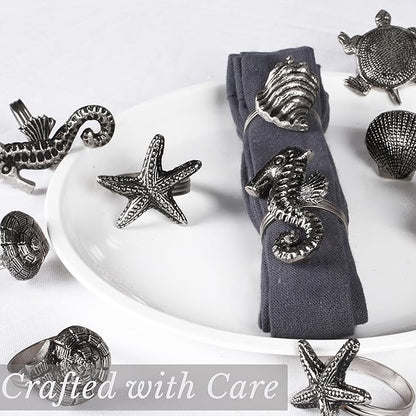 ALPHA Living HOME Napkin Rings Set of 12, Premium 100% Metal, Rust-Resistant Tabletop Décor - Antique Coastal Sea Shell Napkin Holdersfor Family Dinner, Wedding, Party, Decorations - Antique Silver