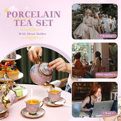 21 Pcs Ceramic Teapot Set Vintage Porcelain Tea Cups - Image 7