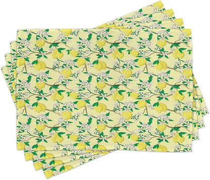 Ambesonne Lemons Place Mats Set of 4, Blooming Lemon Flowers on Tree Branches with Buds and Ripe Fruits, Washable Fabric Placemats for Dining Table, Standard Size, Yellow Fern