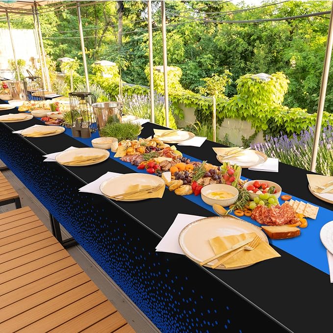 MASHAN 3Pcs Black and Blue Tablecloth Party Decorations, Plastic Black Table - Image 7