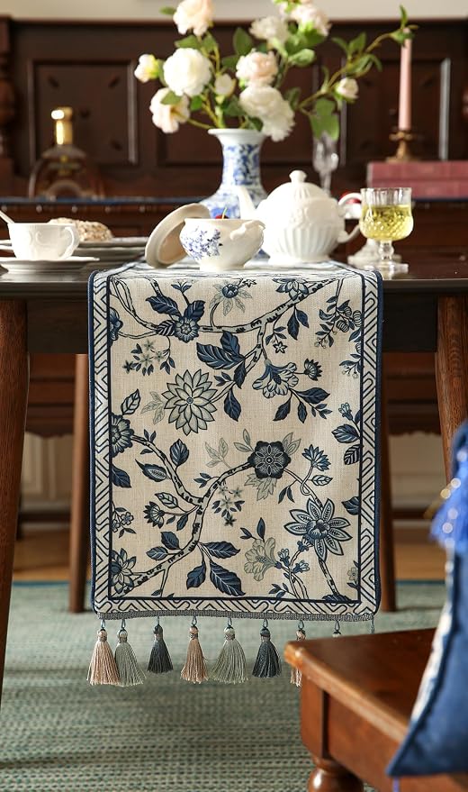 bilin gaier Designer French Linen Small Table Runner, Floral Pattern, Dining - Image 7