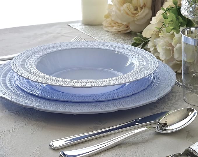 " OCCASIONS " 120 Plates Pack,(60 Guests) Extra Heavyweight Vintage Wedding Disposable/Reusable Plastic Plates 60 x 11'' Dinner + 60 x 8.25'' Salad/Dessert Plate (Chateau Blue)