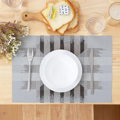 Winknowl Placemats Set of 6, Heat Resistant Stain Resistant Woven Vinyl Insulation Place mats, Durable Washable Elegant Table Mats for Kitchen Dining Table Decor (Geometric Gray)