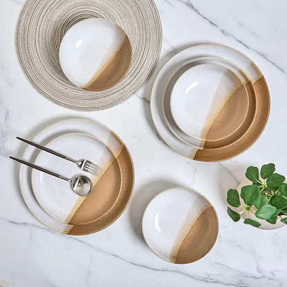 Sango 12 Pieces Stoneware Dinnerware Set, Glossy Caramel & Cream Dishes - Image 4