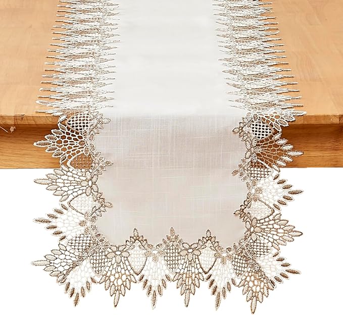 White Linen Table Runner 36” Lace Coffee Table Runners | French Dresser Runners by Raedan