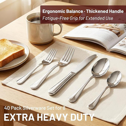 KIKCOIN 40 Pack Silverware Set for 8, Balanced Weight Stainless Steel Flatware Set, Mirror Polished Spoons And Forks Knife Set, Heavy DutyCutlery Utensils Set for Home Kitchen Restaurant Wedding