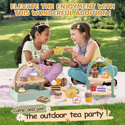 Wooden Tea Sets for Little Girls Play Food Cake Pretend Play Toys | 3-5 Kitchen - Image 5