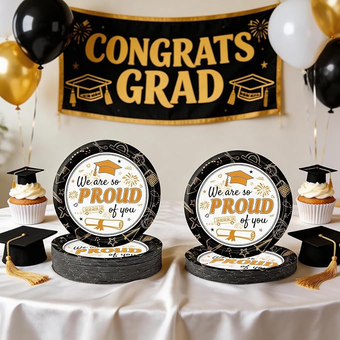 2026 Graduation Plates 7 Inch 40Pcs Black and Gold Disposable Paper Plates - Image 4