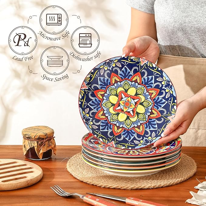 Colorful Ceramic Plate Set of 6 – 8.7 Inch Bohemian Porcelain Plates - Image 3