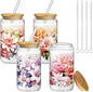 Mumufy 4 Pack Wildflower Glass Cups Gift Aesthetic Cute Glass Cup Tumbler by Mumufy