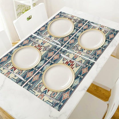 Ethnic Aztec Placemat Set, Vintage Bohemian Rustic Farmhouse Blue Red Mystic Native Tribal Geometric Totem Pattern Home Decor Linen Table Mats for Dining Room Kitchen Party (17x12in) x4P