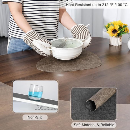 Placemats and Coasters, Washable Reversible Placemats Round Faux Leather Wipeable Place Mats Non Slip Heat Resistant Indoor Outdoor Table Mats (Set of 4, Gray Brown)