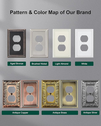 4-Pack Duplex Outlet Cover Plate, Aged Bronze Metal Wall Plates for Electrical Outlets, 1 Gang Receptacle Light Switch Cover, Pearls Decorative Switch Plates and Outlet Covers