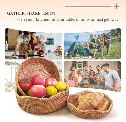 Artisanal Rattan Bread Baskets for Serving, Hand Woven Decorative Bowl, Natural Wicker Fruit Basket for Kitchen Counter, Bread Basket for Serving, Fruits, Snacks, Nuts, Keys, Wallets, Etc.(Wave-Combo)
