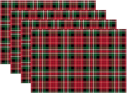 Christmas Place mats Set of 4, 12x18 Inches Red Green Plaid Decorative Placemats Rectangle Winter Table Mats for Party Home Kitchen Dining Table Decoration