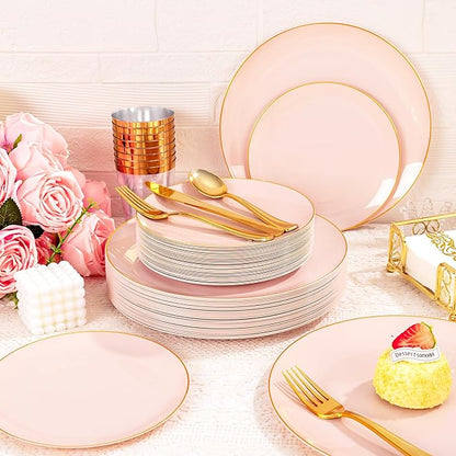 YOUBET 175PCS Pink Plastic Plates - Pink and Gold Disposable Plates Include 50 Plastic Plate, 75 Silverware, 25 Cups, 25 Napkins for Wedding & Party & Birthday Valentines Day