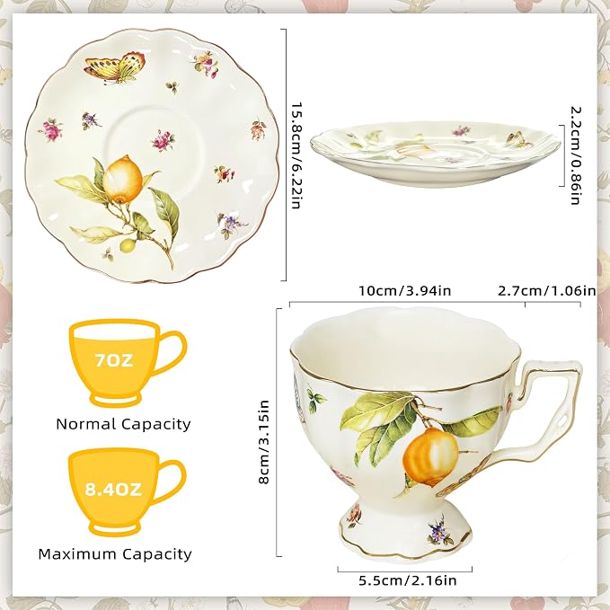 Tea Cups and Saucers Set, Porcelain Coffee Mugs, 8.4 OZ Vintage Coffee Cups - Image 2