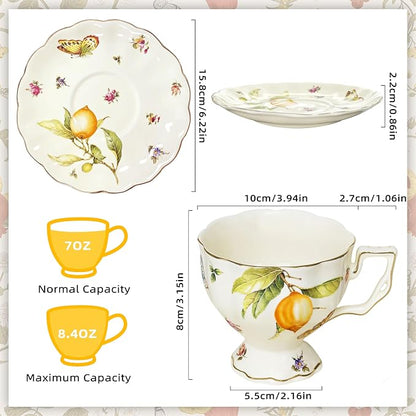 Tea Cups and Saucers Set, Porcelain Coffee Mugs, 8.4 OZ Vintage Coffee Cups - Image 2