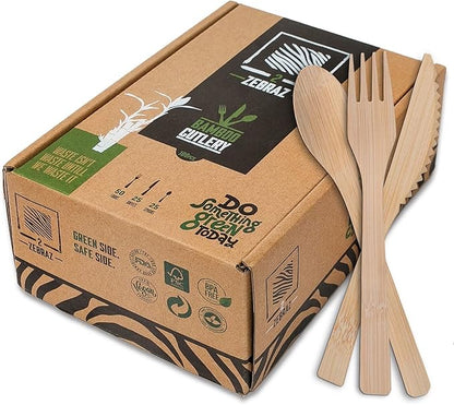 2ZEBRAZ Bamboo Cutlery Set – 100 Disposable Utensils (50 Forks, 25 Knives, 25 Spoons) | Reusable Smooth Flatware, Heavy-Duty Natural Tableware for Parties, Catering & Dining