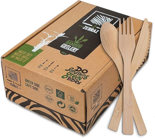 2ZEBRAZ Bamboo Cutlery Set – 100 Disposable Utensils (50 Forks, 25 Knives, 25 Spoons) | Reusable Smooth Flatware, Heavy-Duty Natural Tableware for Parties, Catering & Dining