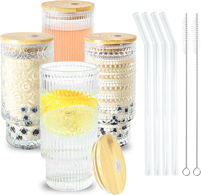 Glass Cups with Lids and Straws 16 oz Vintage Drinking Glasses Set | Embossed by ICESIP