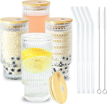 Glass Cups with Lids and Straws 16 oz Vintage Drinking Glasses Set | Embossed by ICESIP