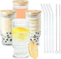 Glass Cups with Lids and Straws 16 oz Vintage Drinking Glasses Set | Embossed by ICESIP