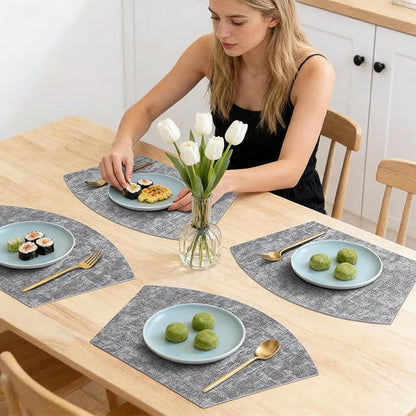 Homaxy Round Table Placemats Set of 6, Washable Wedge Shaped Faux Leather Table Mats, Wipeable Kitchen Dinner Place Mats for Indoor Outdoor, Black & White