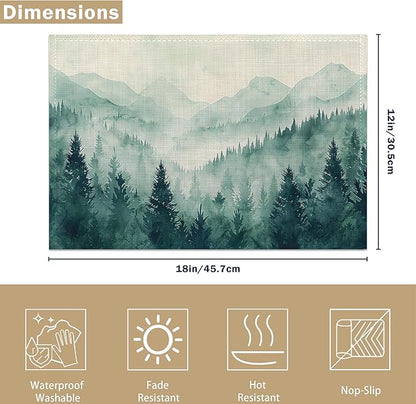 Placemats, Watercolor Forest Landscape Placemats 12x18 Inch Waterproof Non-Slip Washable Table Mats for Kitchen Dining Party Table Decor,Set of 6