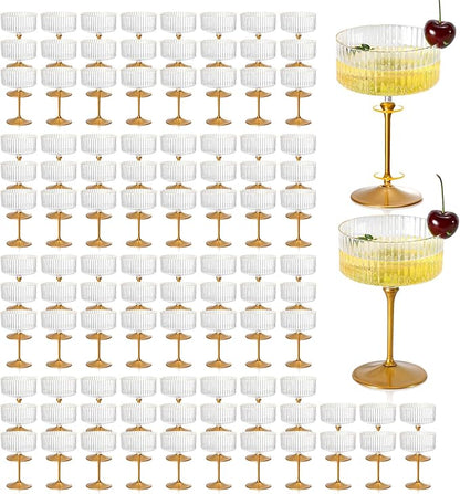 XUWAIDSGN 100 Pcs Champagne Martini Glasses 9 Oz with Gilded Removable Gold Rim Coupe Glasses Pink Martini Glasses Plastic Mimosa Vintage Coupe Glasses Set For Wedding Anniversary (100, Ribbed Gold)