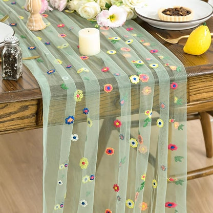 Artoid Mode Sage Green Embroidery Daisy Gauze Table Runner 120 Inch 10FT | by ArtoidMode